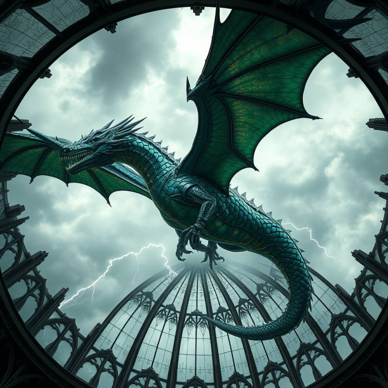Majestic Teal Dragon with Golden Runes Soars Through