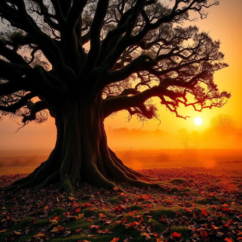 Majestic Tree Silhouetted Against a Vibrant Sunset,