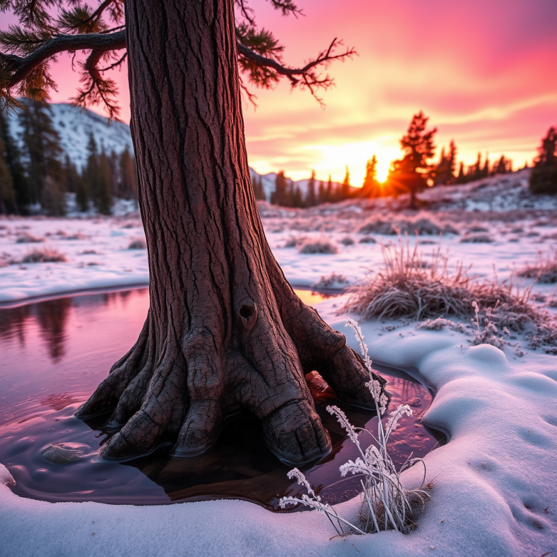 Majestic Tree with Exposed Roots Stands in a Snowy,