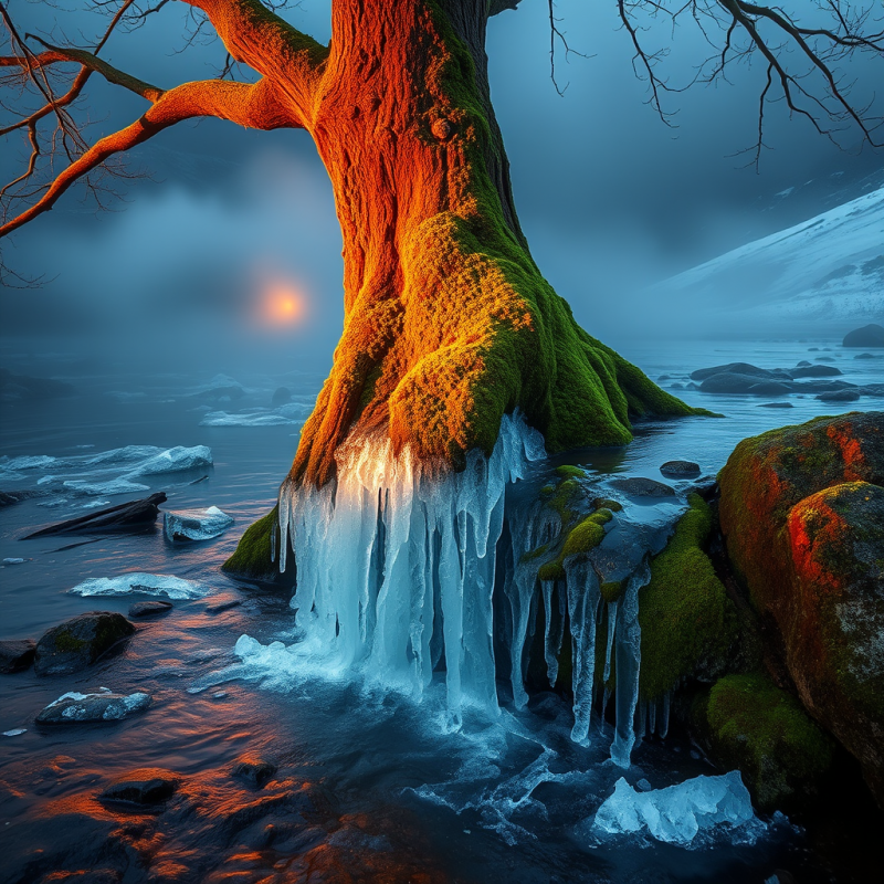 Majestic Tree with Moss-covered Roots and Icicles