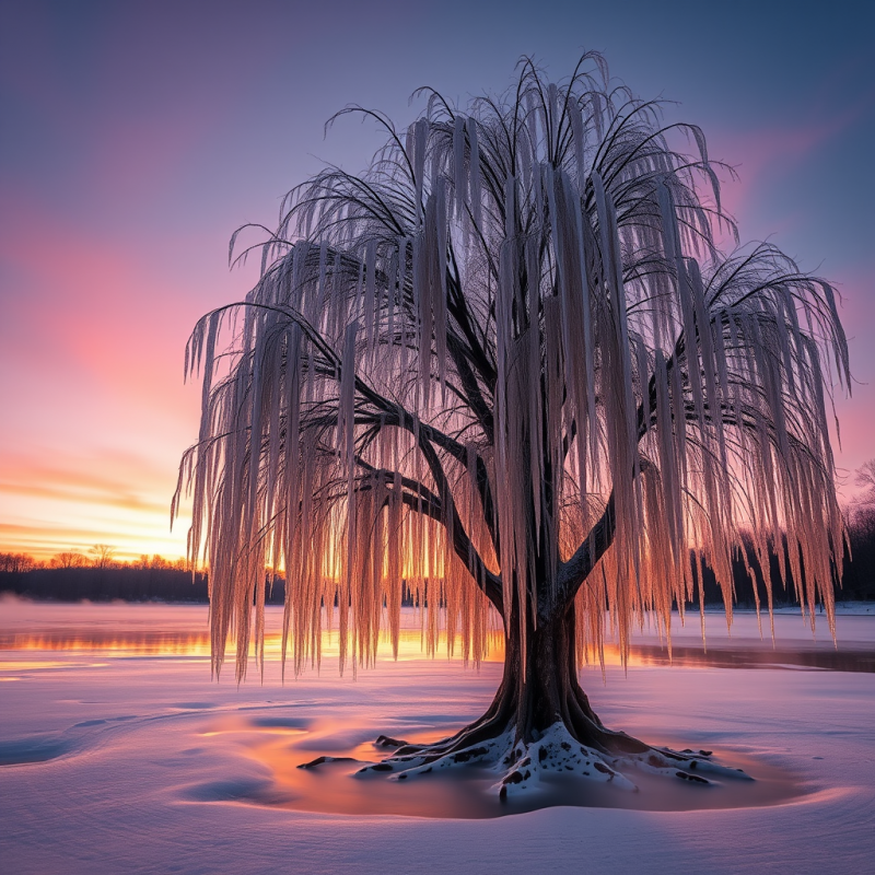 Majestic Willow Tree Draped in Icicles Stands Alone