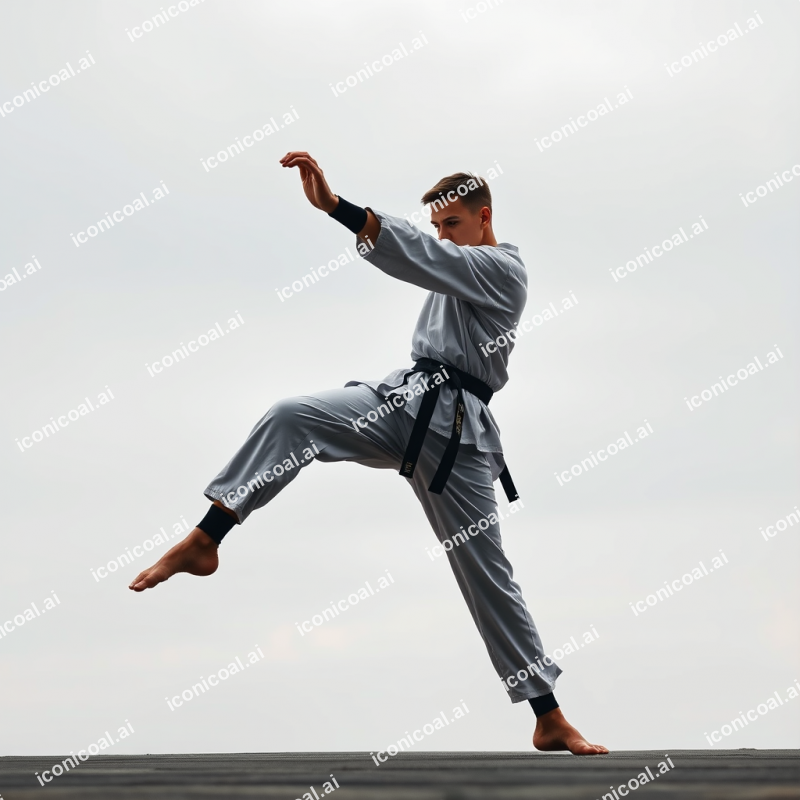 Martial Artist Executing High Kick