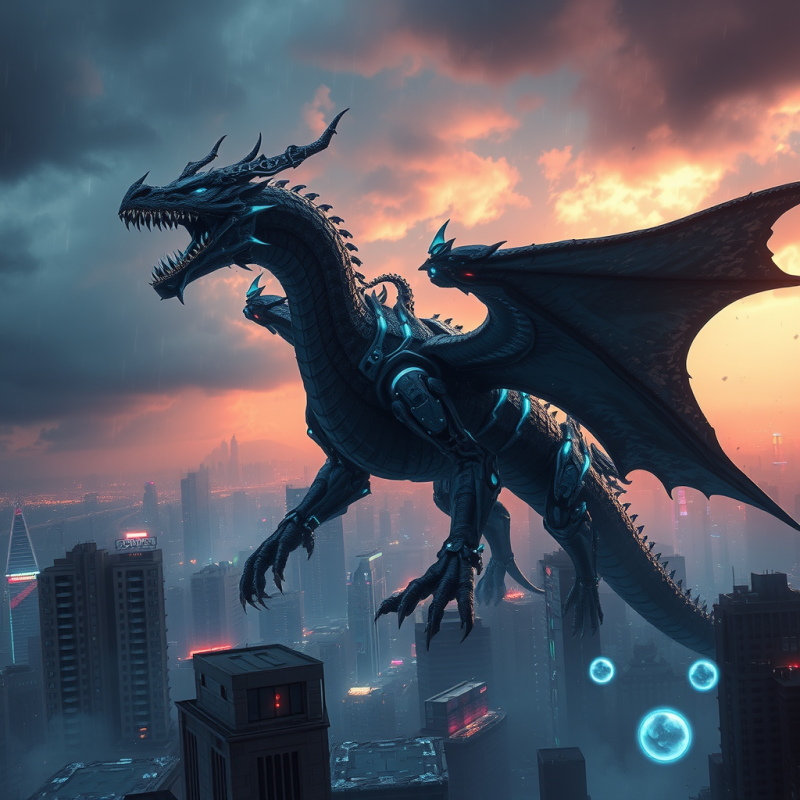 Massive Cybernetic Dragon with Glowing Blue Accents