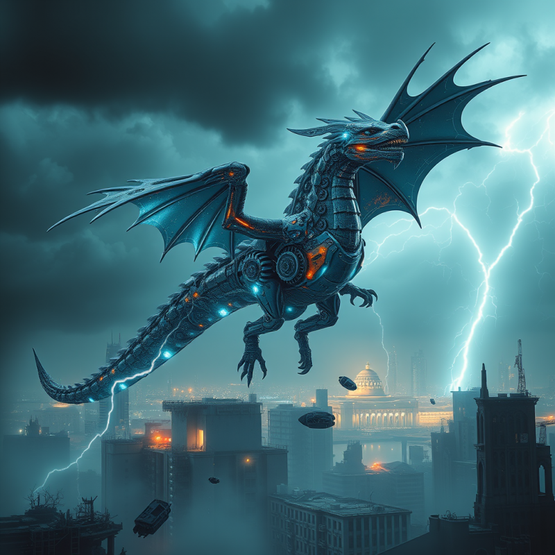 Mechanical Dragon with Glowing Orange Accents Flies