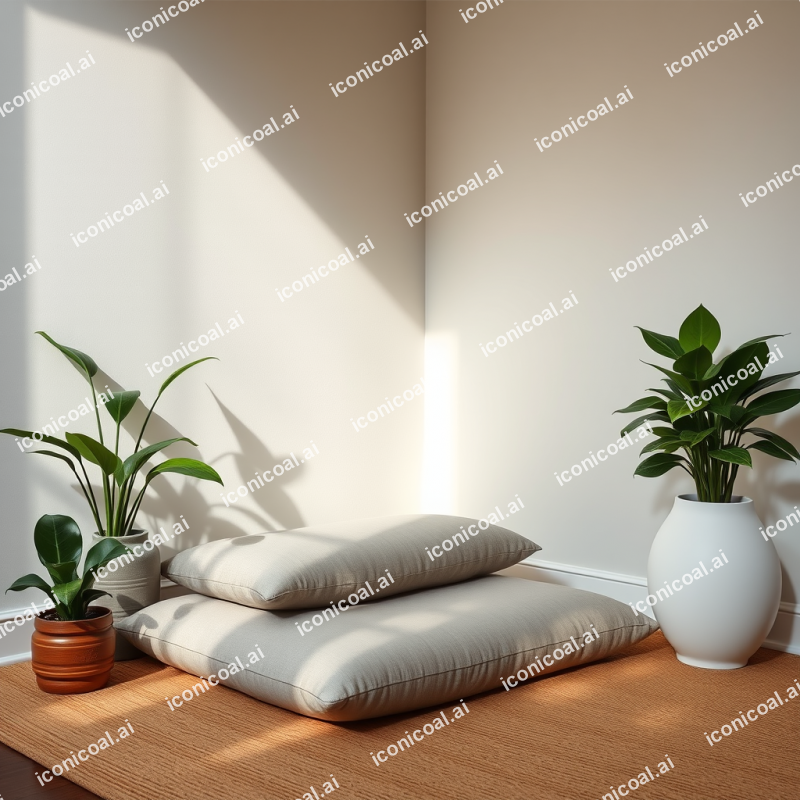 Meditation Cushion In Minimalist Corner With Plants Zen S...