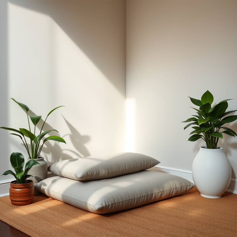 Meditation Cushion in Minimalist Corner with Plants Zen S...