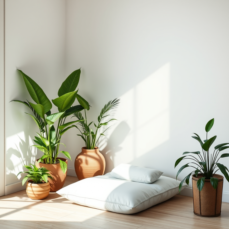 Meditation Cushion In Minimalist Corner With Plants Zen S...