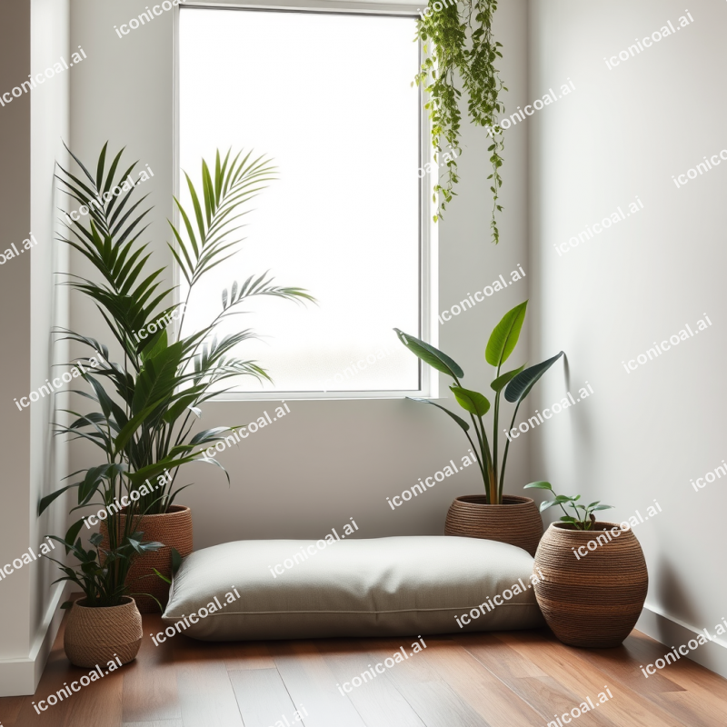Meditation Cushion In Minimalist Corner With Plants Zen S...