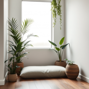 Meditation Cushion In Minimalist Corner With Plants Zen S...