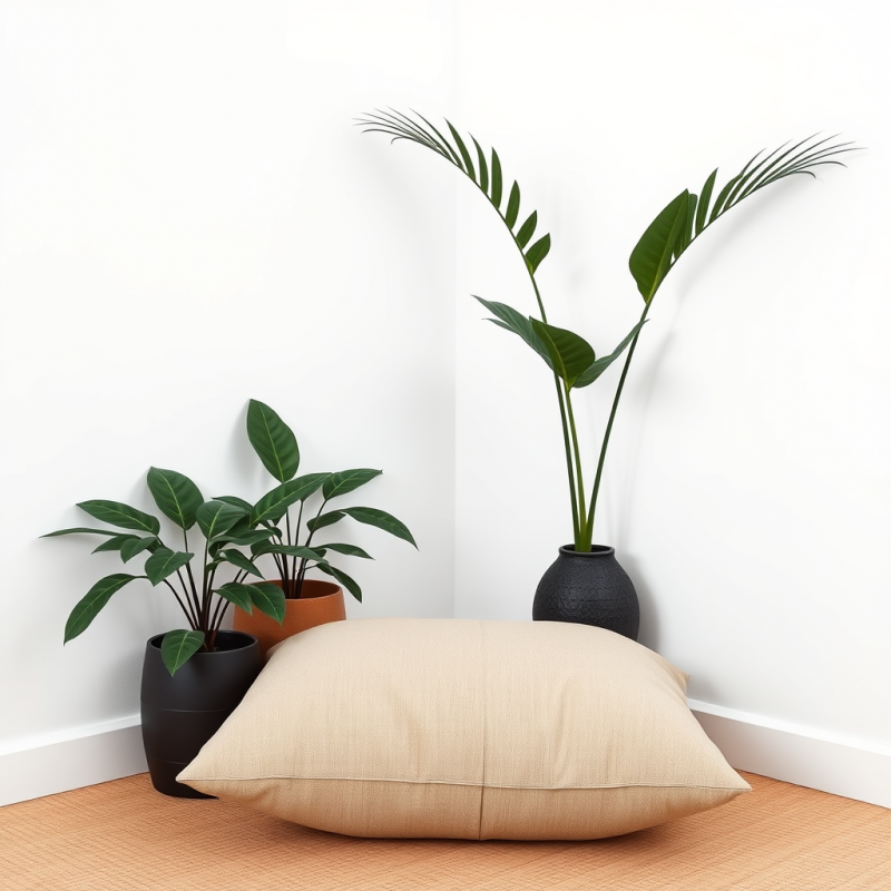 Meditation Cushion in Minimalist Corner with Plants Zen S...