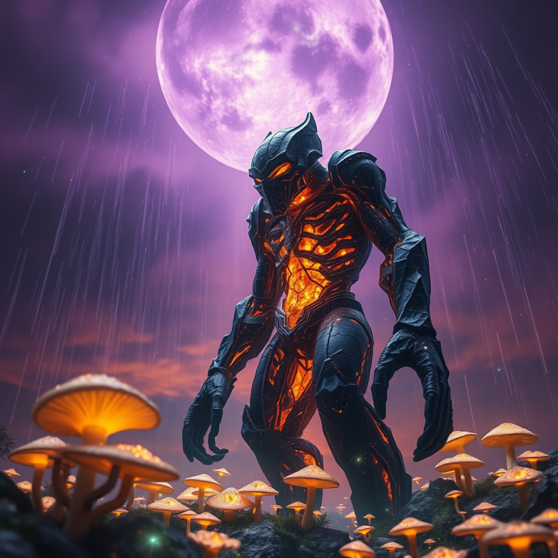 Menacing Armored Alien Warrior Stands Amidst Glowing