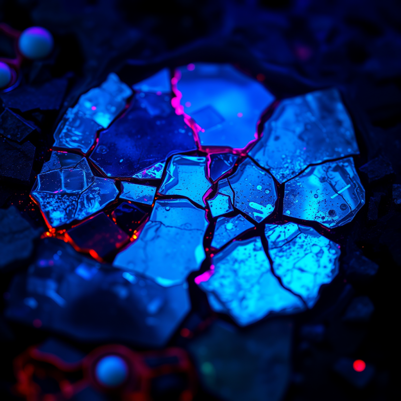 Microscopic Close-up of Shattered Blue-tinted Glass Emb...