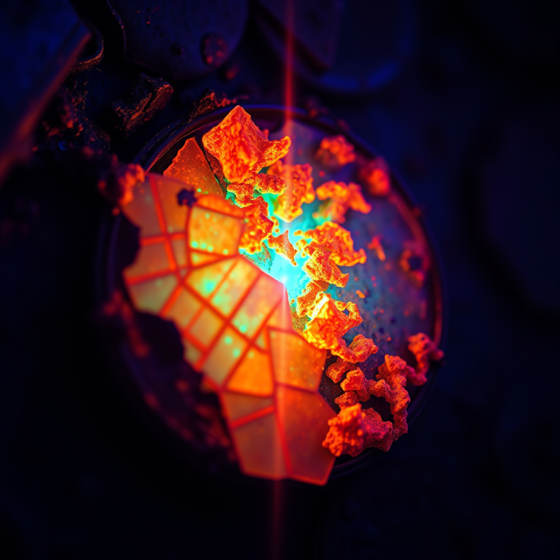 Microscopic View of Corroded Copper Circuitry Glowing Und...