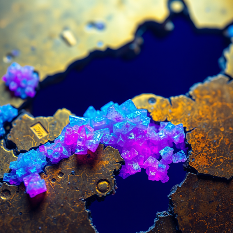 Microscopic View of Neon-blue and Magenta Crystalline C...