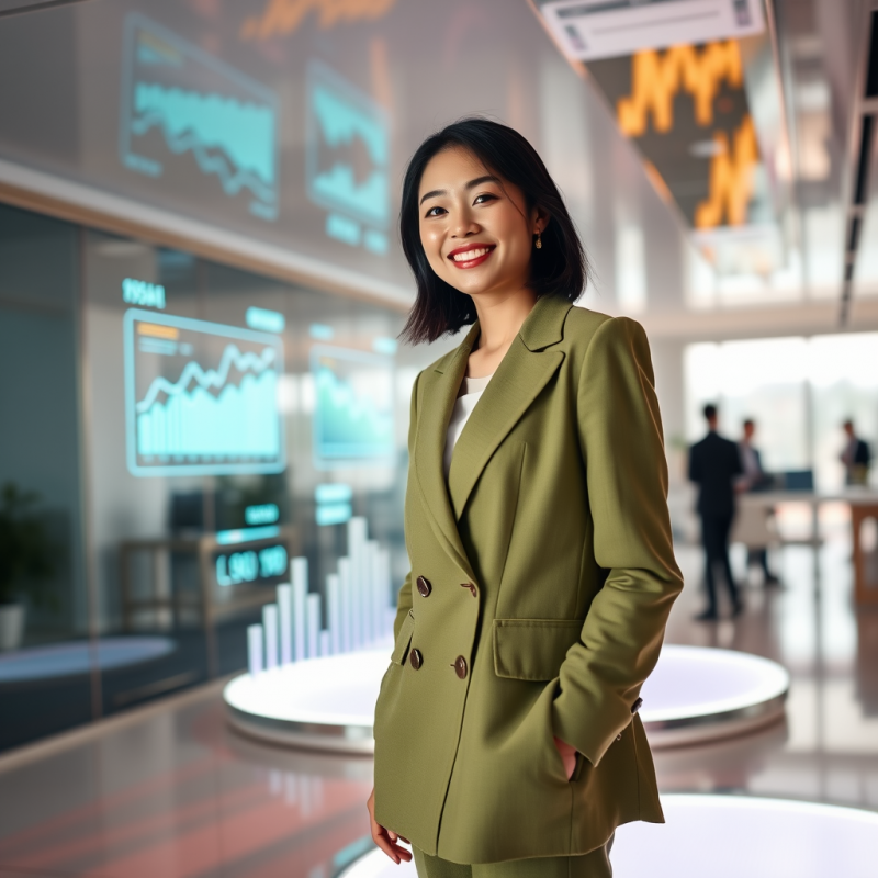 Mid-20s Asian Woman in a Tailored Moss-green Blazer Sta...