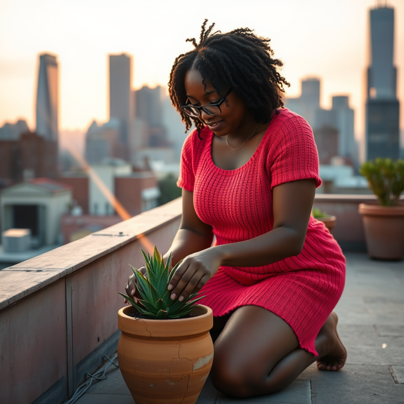 Mid-20s Black Woman in a Vibrant Coral Knit Dress Kneel...