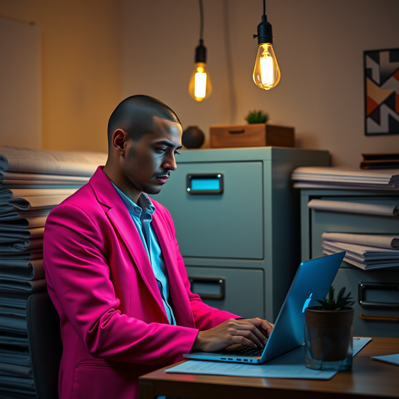 Mid-20s Entrepreneur with a Shaved Head and Vibrant Neo...