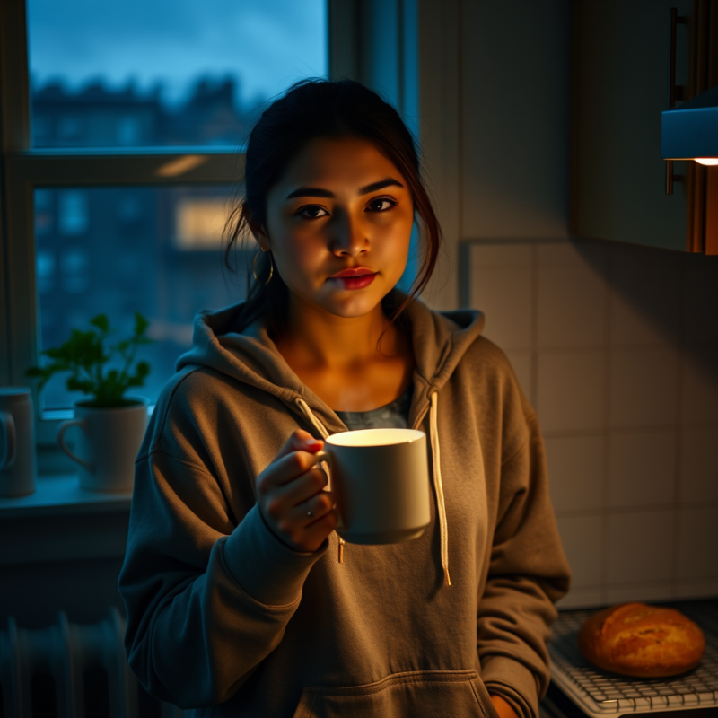 Mid-20s Immigrant Woman Stands in a Softly Lit Brooklyn...