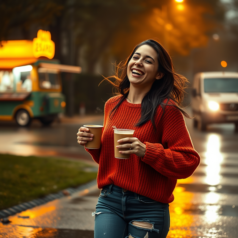 Mid-20s Woman in a Burnt Orange Knit Sweater and Ripped...