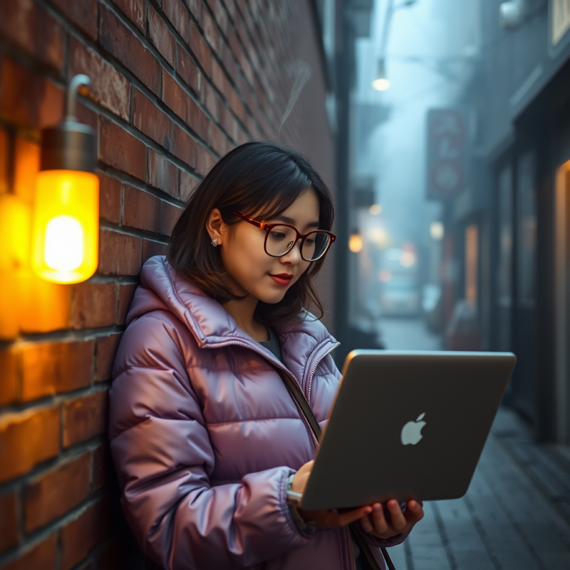 Mid-20s Woman in a Lavender Puffer Jacket and Oversized...