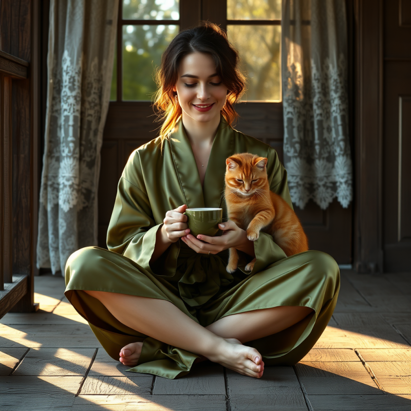 Mid-20s Woman in a Moss-green Satin Robe Sits Cross-leg...