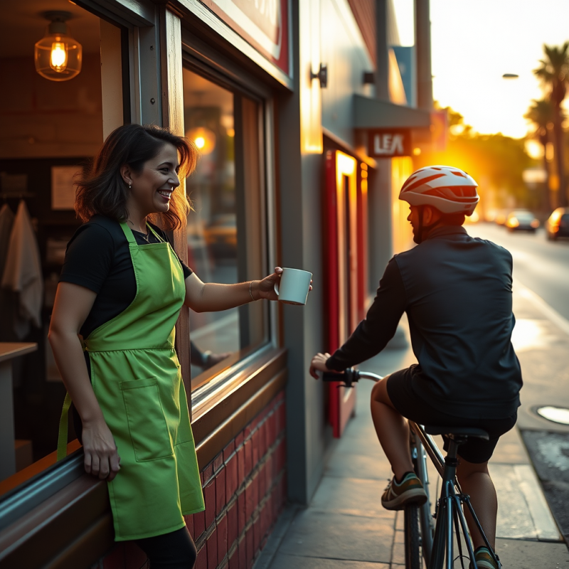 Mid-20s Woman in a Neon-green Apron Leans Out of a Vint...