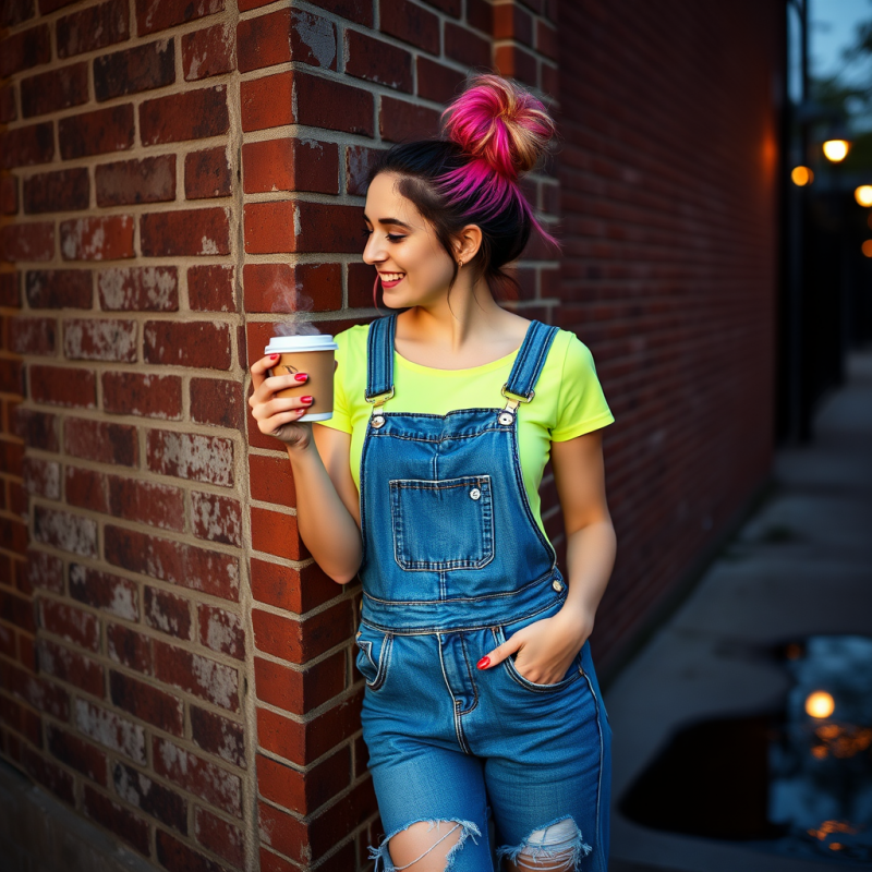 Mid-20s Woman in a Neon-green Crop Top and Frayed Denim...