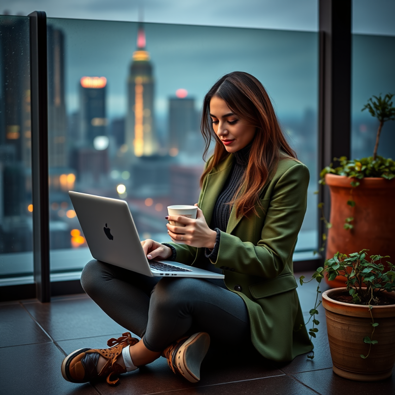 Mid-20s Woman in a Tailored Moss-green Blazer Sits Cros...