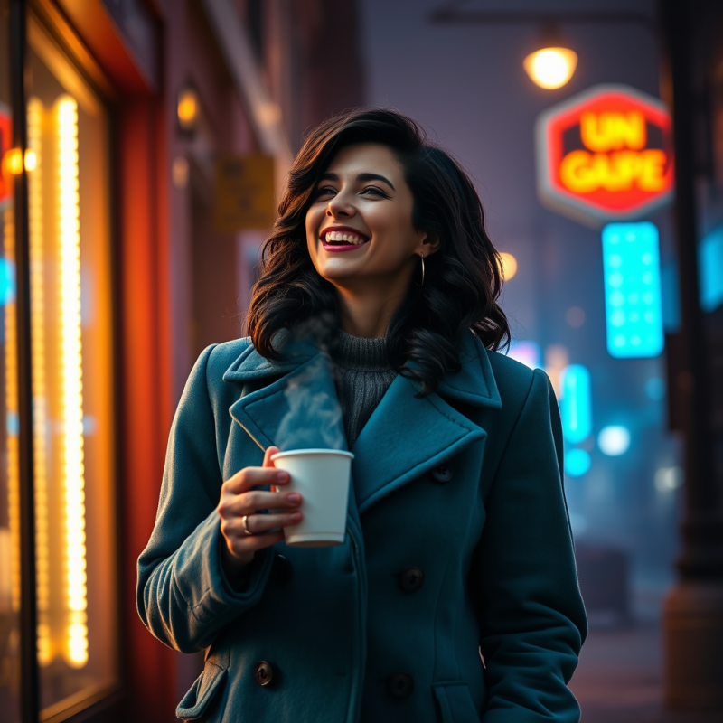 Mid-20s Woman in a Vintage Teal Coat Stands in a Foggy