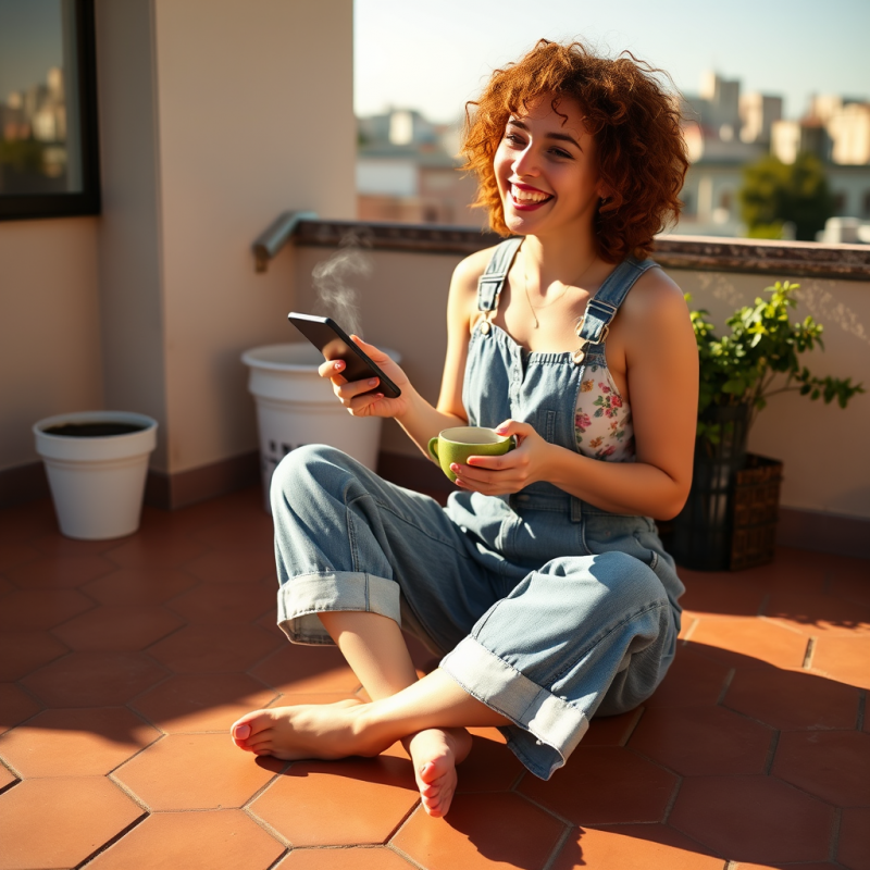 Mid-20s Woman with Curly Auburn Hair Sits Cross-legged ...