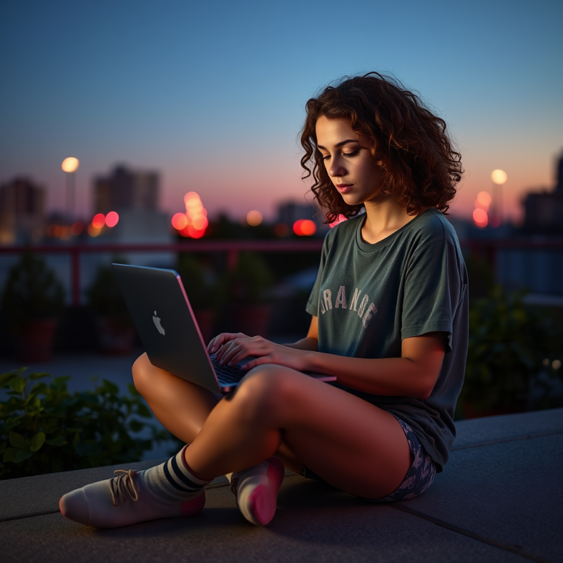 Mid-20s Woman with Curly Brown Hair Sits Cross-legged O...