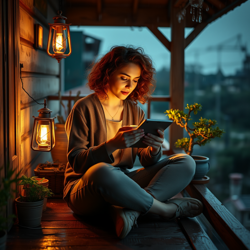 Mid-20s Woman with Curly Chestnut Hair Sits Cross-legge...