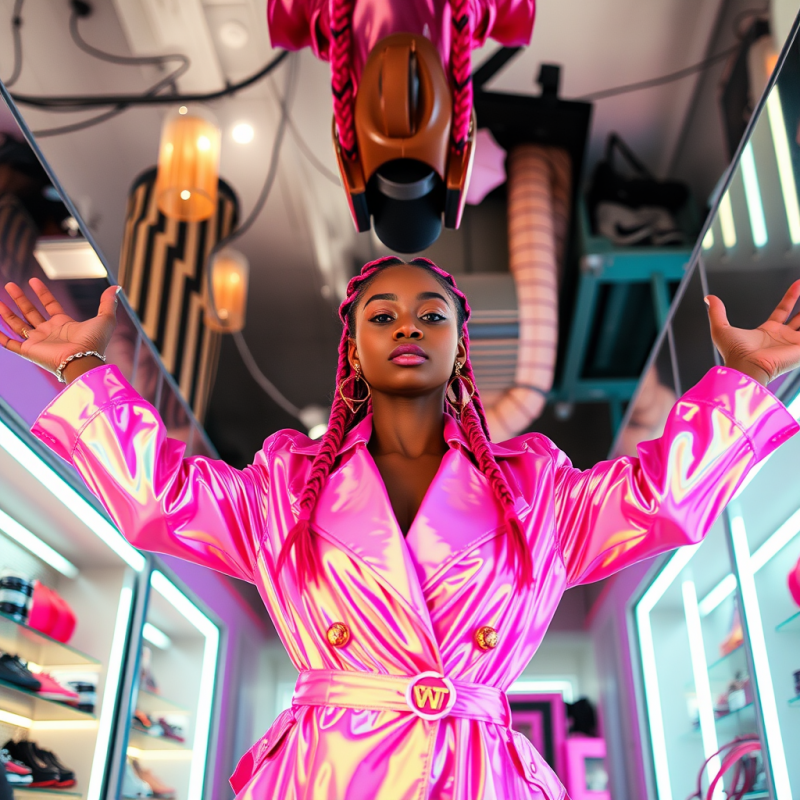 Mid-20s Woman with Neon-pink Braided Hair Stands Upside...