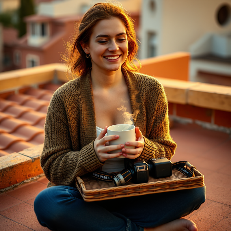 Mid-20s Woman with Silver Hoop Earrings and a Knitted O...