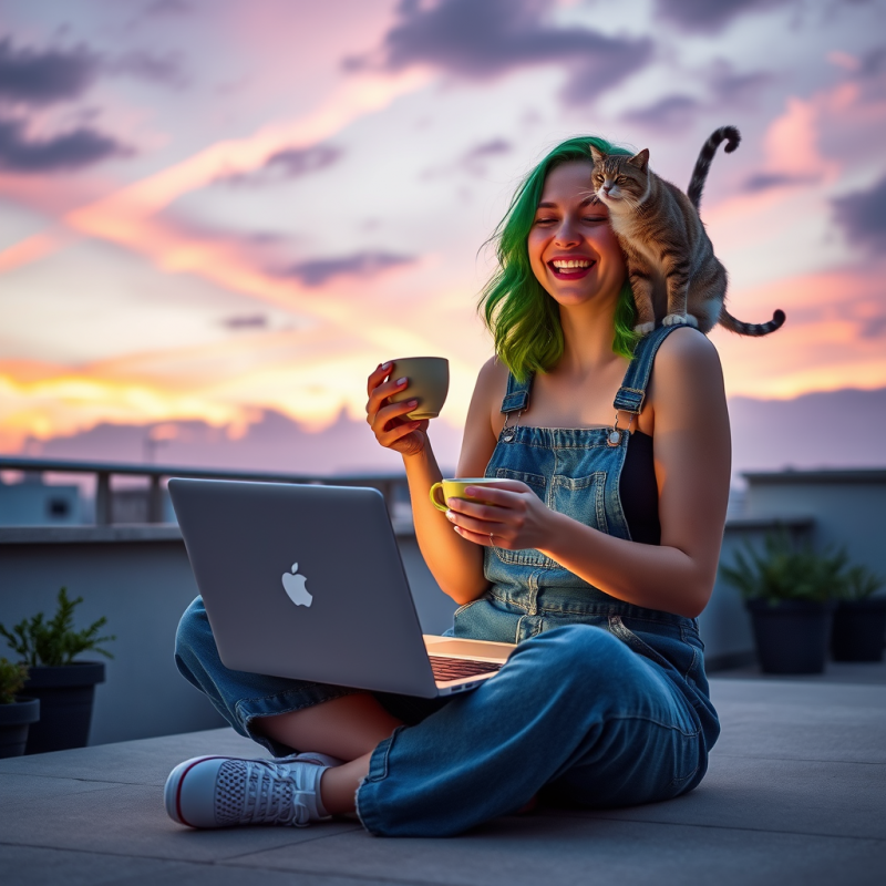 Mid-20s Woman with Vibrant Green Hair and Oversized 90s...