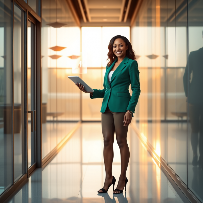 Mid-30s African American Woman in a Tailored Emerald Gr...