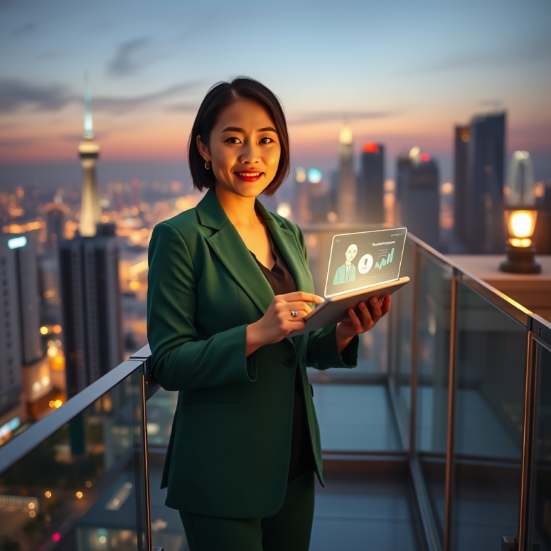 Mid-30s Asian Woman in a Tailored Emerald Green Blazer ...