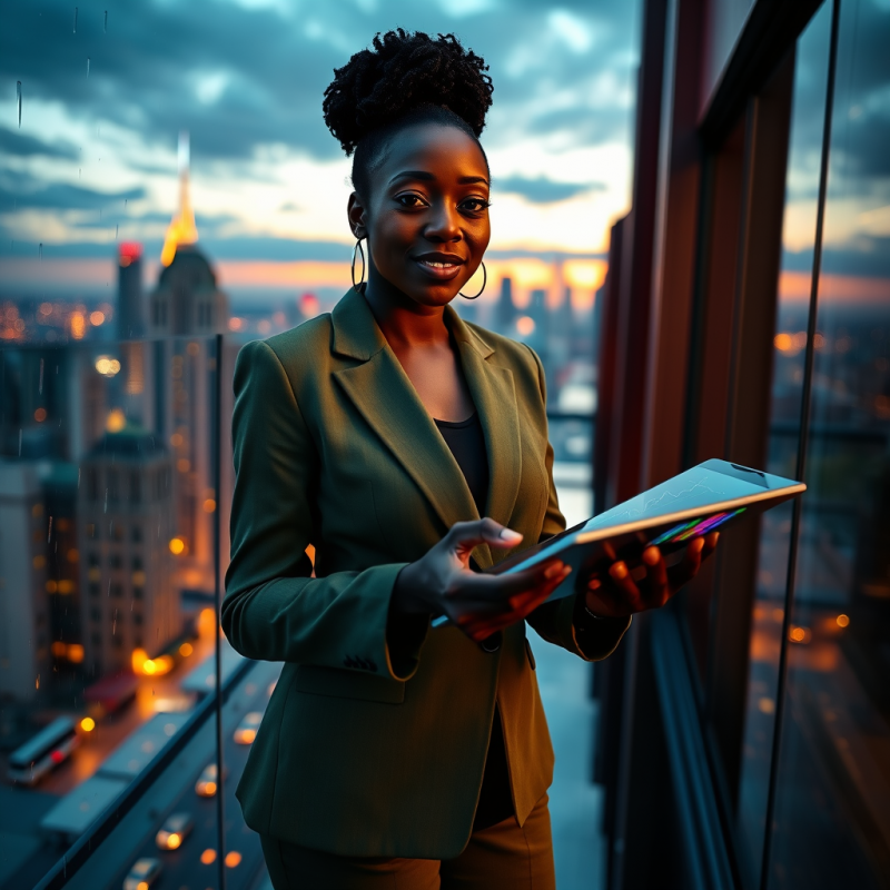 Mid-30s Black Woman in a Tailored Moss-green Blazer Sta...