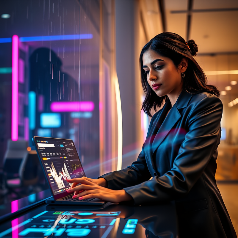 Mid-30s South Asian Woman in a Charcoal Silk Blazer Lea...