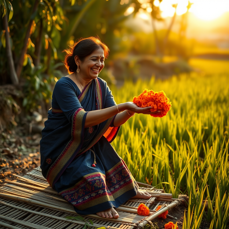 Mid-30s Woman in a Hand-embroidered Indigo Cotton Sari