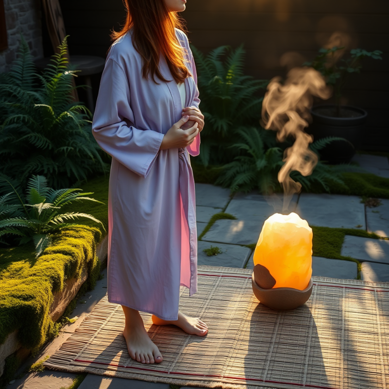 Mid-30s Woman in a Lavender Linen Robe Stands Barefoot ...