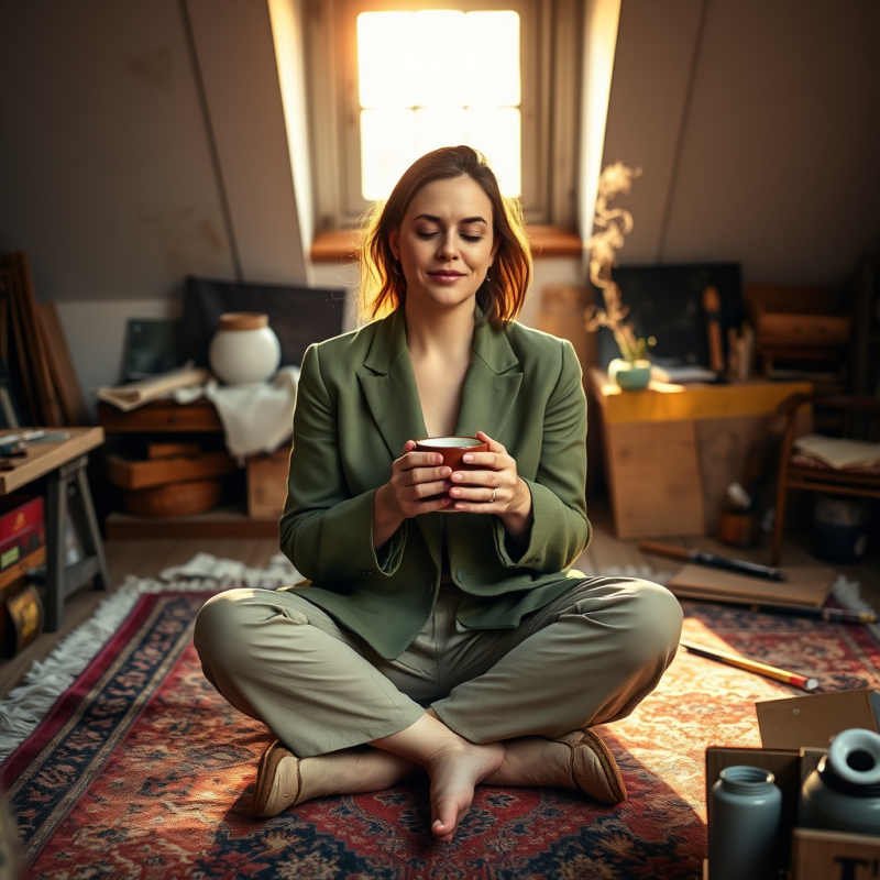 Mid-30s Woman in a Moss-green Linen Blazer Sits Cross-l...