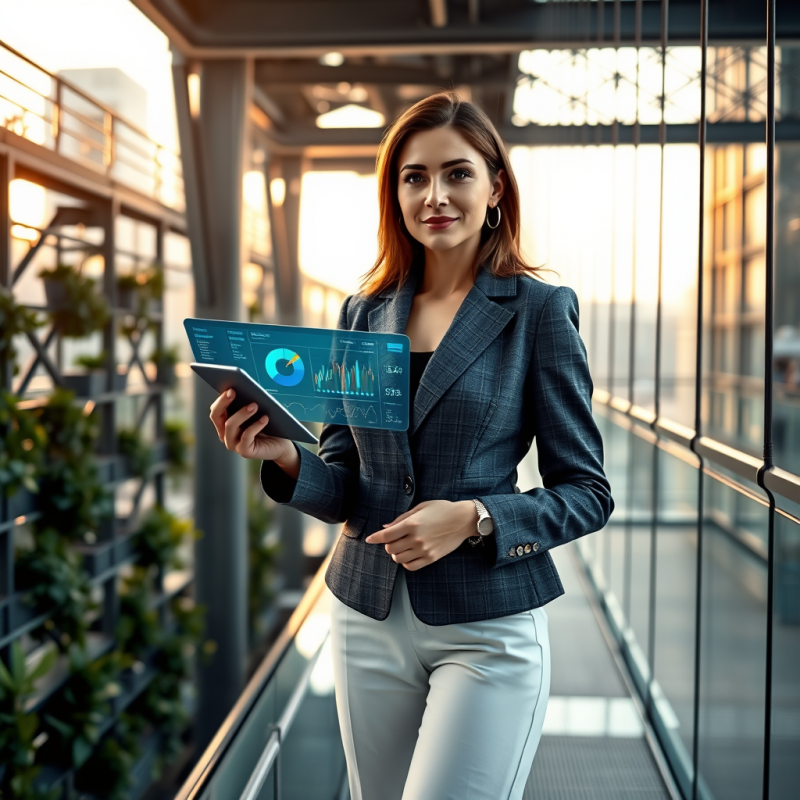 Mid-30s Woman in a Tailored Charcoal Blazer Stands on A...