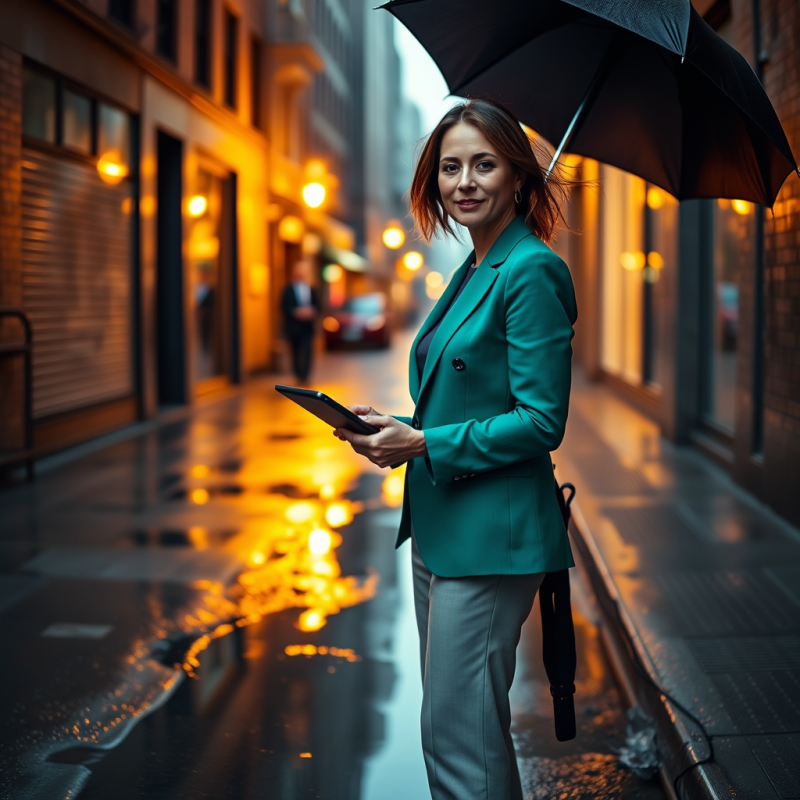 Mid-30s Woman in a Tailored Jade-green Blazer and Light...