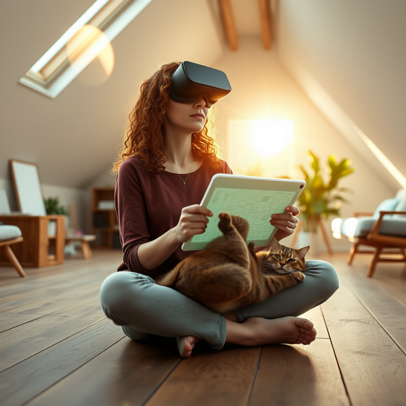 Mid-30s Woman with Curly Auburn Hair Sits Cross-legged ...