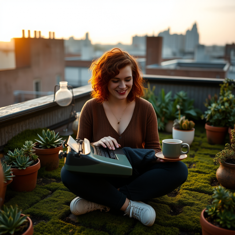 Mid-30s Woman with Curly Red Hair Sits Cross-legged on ...