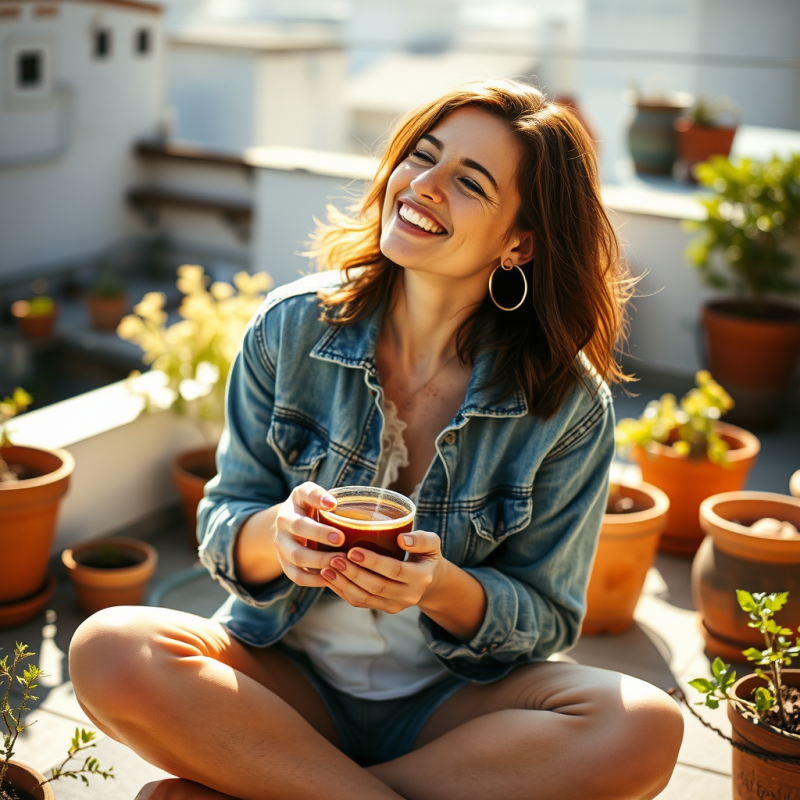 Mid-30s Woman with Silver Hoop Earrings and a Faded Den...