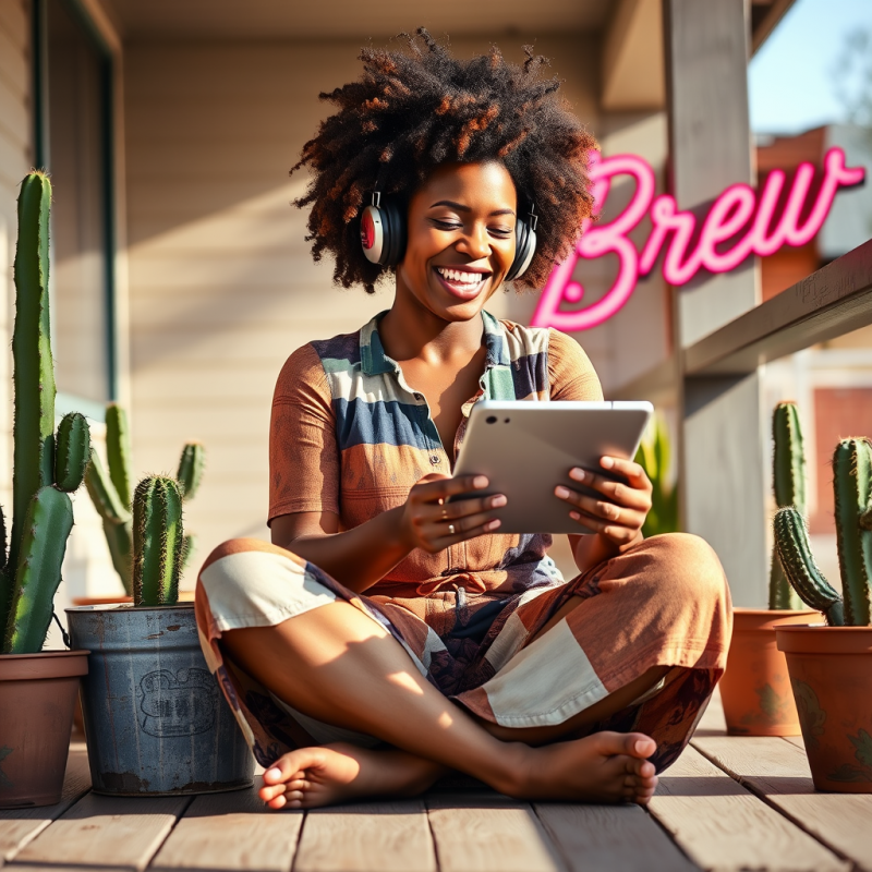 Mid-30s Woman with Vibrant Afro-textured Hair Sits Cros...