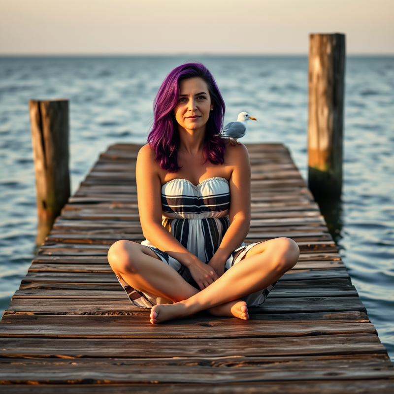 Mid-30s Woman with Vibrant Purple Hair Sits Cross-legge...