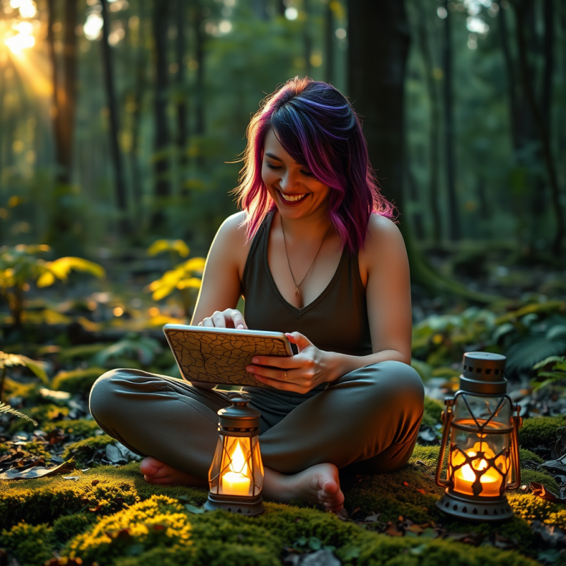Mid-30s Woman with Vibrant Purple-streaked Hair Sits Cr...